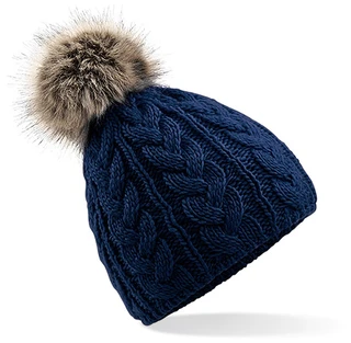 Faux Fur Pop Pom Cable Beanie